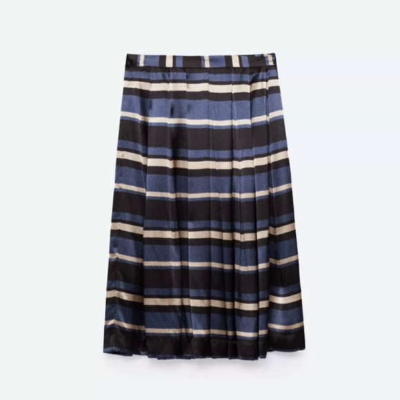 NWOT ZARA Stripe Satin Pleated Skirt Midi XS Blue Black Ecru - Picture 1 of 8
